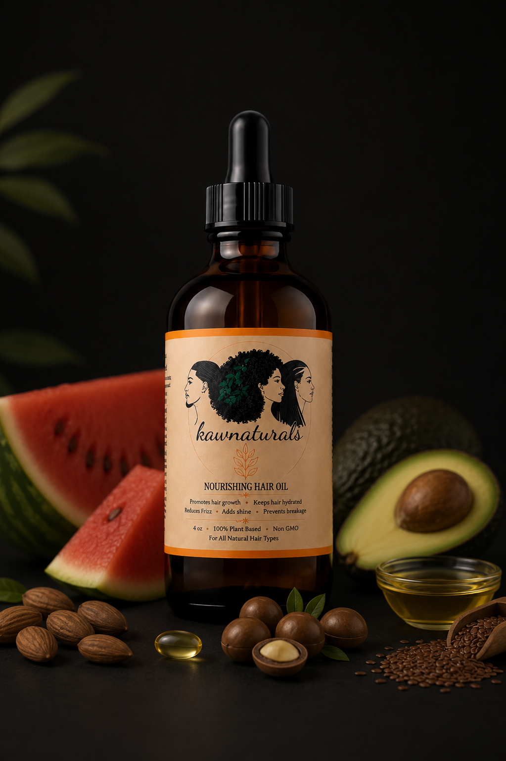 Kawnaturals nourishing hair oil with natural ingredients — watermelon, avocado, almonds, and macadamia